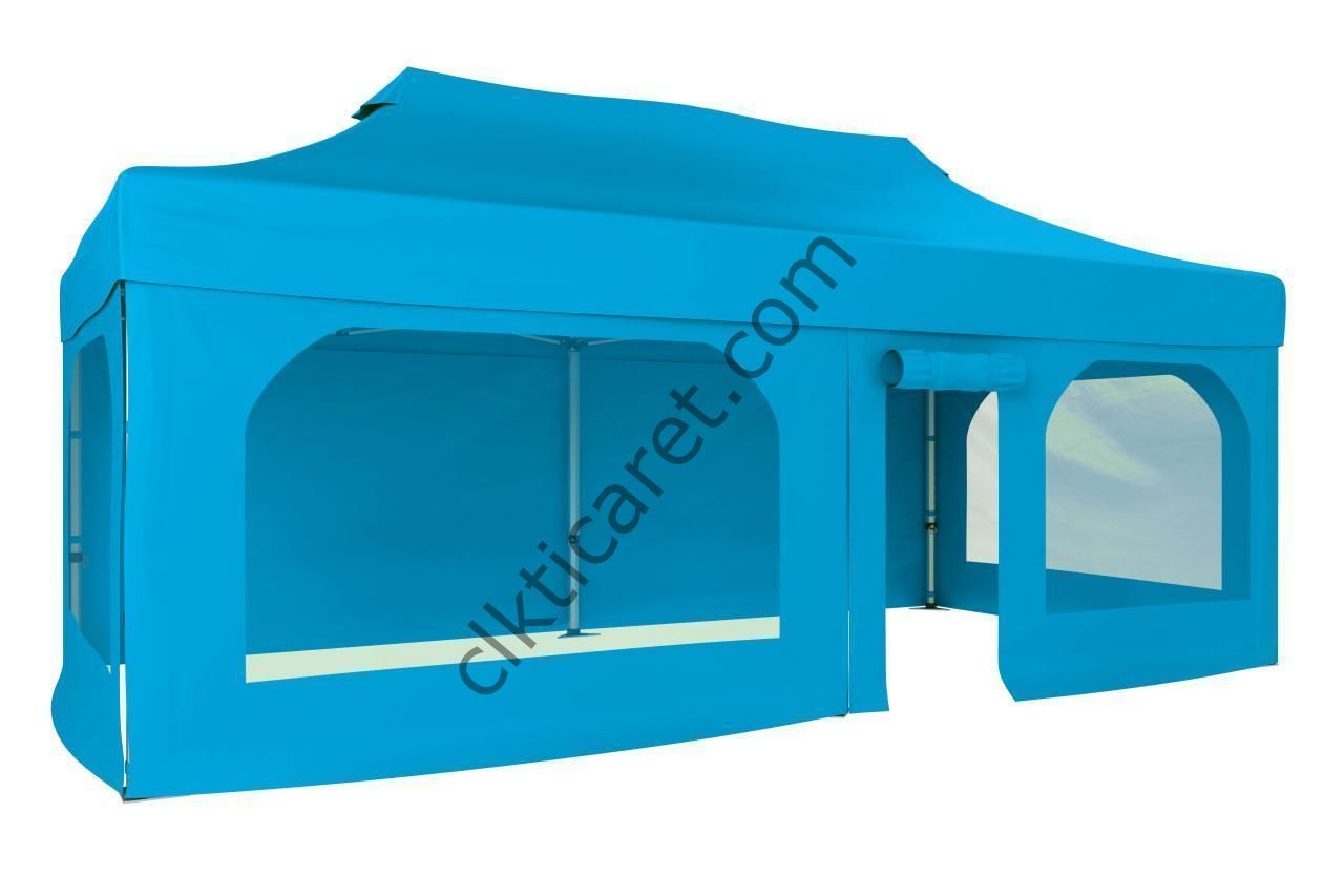 CLK 4x8 52mm Kalın Alüminyum Katlanabilir Tente Gazebo Çadır 2 Yan Pencereli 1 Yan Aksesuarsız 1 Yan Kapı ve Pencereli Açık Mavi (Turkuaz)
