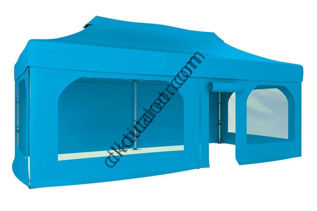 CLK 2x4 40mm Alüminyum Katlanabilir Tente Gazebo Çadır  2 Yan Pencereli 1 Yan Aksesuarsız 1 Yan Kapı ve Pencereli Açık Mavi (Turkuaz)
