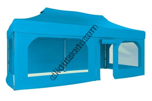 CLK 2x4 40mm Alüminyum Katlanabilir Tente Gazebo Çadır  2 Yan Pencereli 1 Yan Aksesuarsız 1 Yan Kapı ve Pencereli Açık Mavi (Turkuaz)