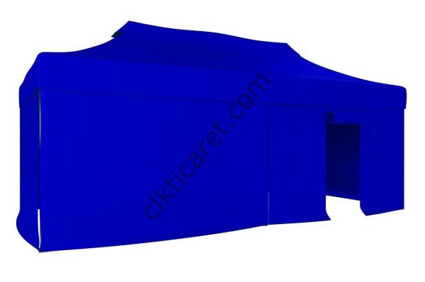 CLK 3x6 40mm Alüminyum Katlanabilir Tente Gazebo Çadır 3 Yan Kapalı 1 Kapılı Saks Mavi