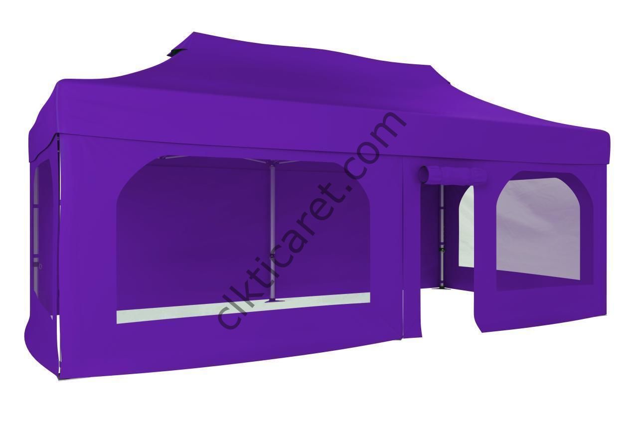 CLK 4x8 52mm Kalın Alüminyum Katlanabilir Tente Gazebo Çadır 2 Yan Pencereli 1 Yan Aksesuarsız 1 Yan Kapı ve Pencereli Mor