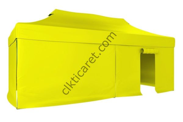 CLK 3x6 40mm Alüminyum Katlanabilir Tente Gazebo Çadır 3 Yan Kapalı 1 Kapılı Sarı