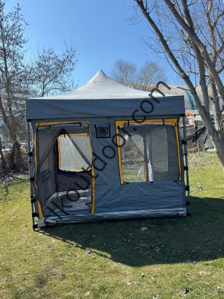 CLK 3x3 mt 40 mm İskelet Yeni Nesil 2 Kapı 4 Pencere Gazebo Portatif Kamp Çadırı Gri Lacivert