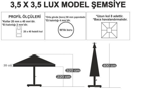 CLK 3,5x3,5 Metre Saçaklı LUX Model Krank Sistem Teleskopik Şemsiye Q90 Profil Siyah - Metal Hareketli Ayak 4 Mermerli (80x80cm 160 kg)