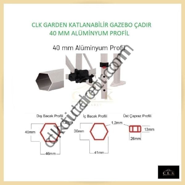 CLK 2x4 40mm Alüminyum Katlanabilir Tente Gazebo Çadır  2 Yan Pencereli 1 Yan Aksesuarsız 1 Yan Kapı ve Pencereli Beyaz