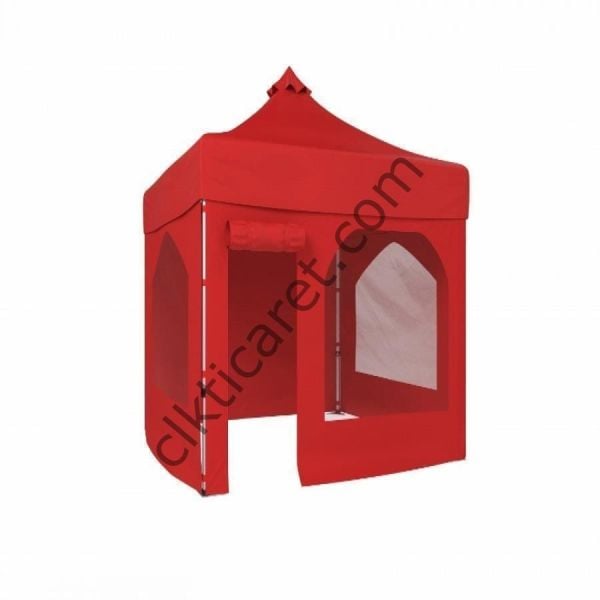 CLK 2x2 40mm Alüminyum Katlanabilir Tente Gazebo Çadır 1 Yan Pencereli 1 Yan Aksesuarsız 1 Yan Kapı ve Pencereli Kırmızı