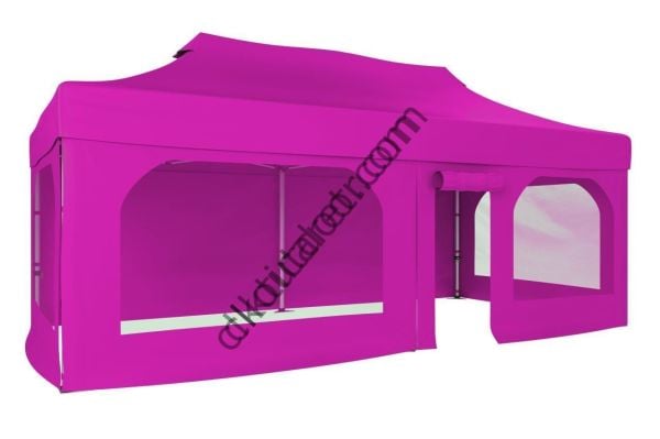 CLK 2x4 40mm Alüminyum Katlanabilir Tente Gazebo Çadır  2 Yan Pencereli 1 Yan Aksesuarsız 1 Yan Kapı ve Pencereli Pembe