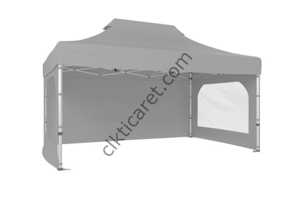 CLK 3x4,5 Katlanabilir Tente Gazebo Portatif Çadır 30 mm 3 Yan Duvarlı 2 Pencereli Açık Gri