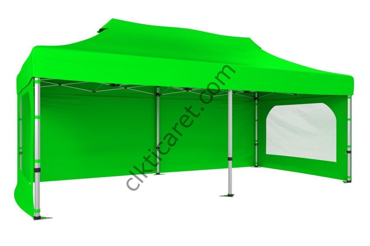 CLK 4x8 52mm Kalın Alüminyum Katlanabilir Tente Gazebo Çadır 3 Yan Duvarlı 2 Pencereli Açık Yeşil