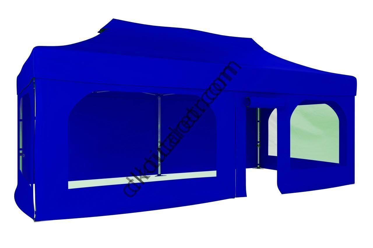 CLK 2x4 40mm Alüminyum Katlanabilir Tente Gazebo Çadır  2 Yan Pencereli 1 Yan Aksesuarsız 1 Yan Kapı ve Pencereli Saks Mavi