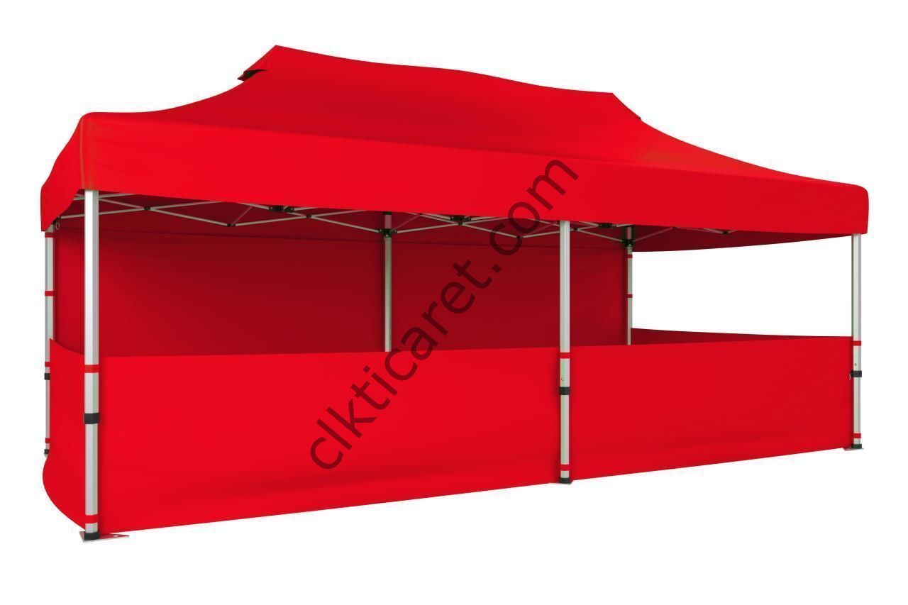 CLK 3x6 40mm Alüminyum Katlanabilir Tente Gazebo Çadır 1 Tam Duvar 3 Yarım Duvar Kırmızı