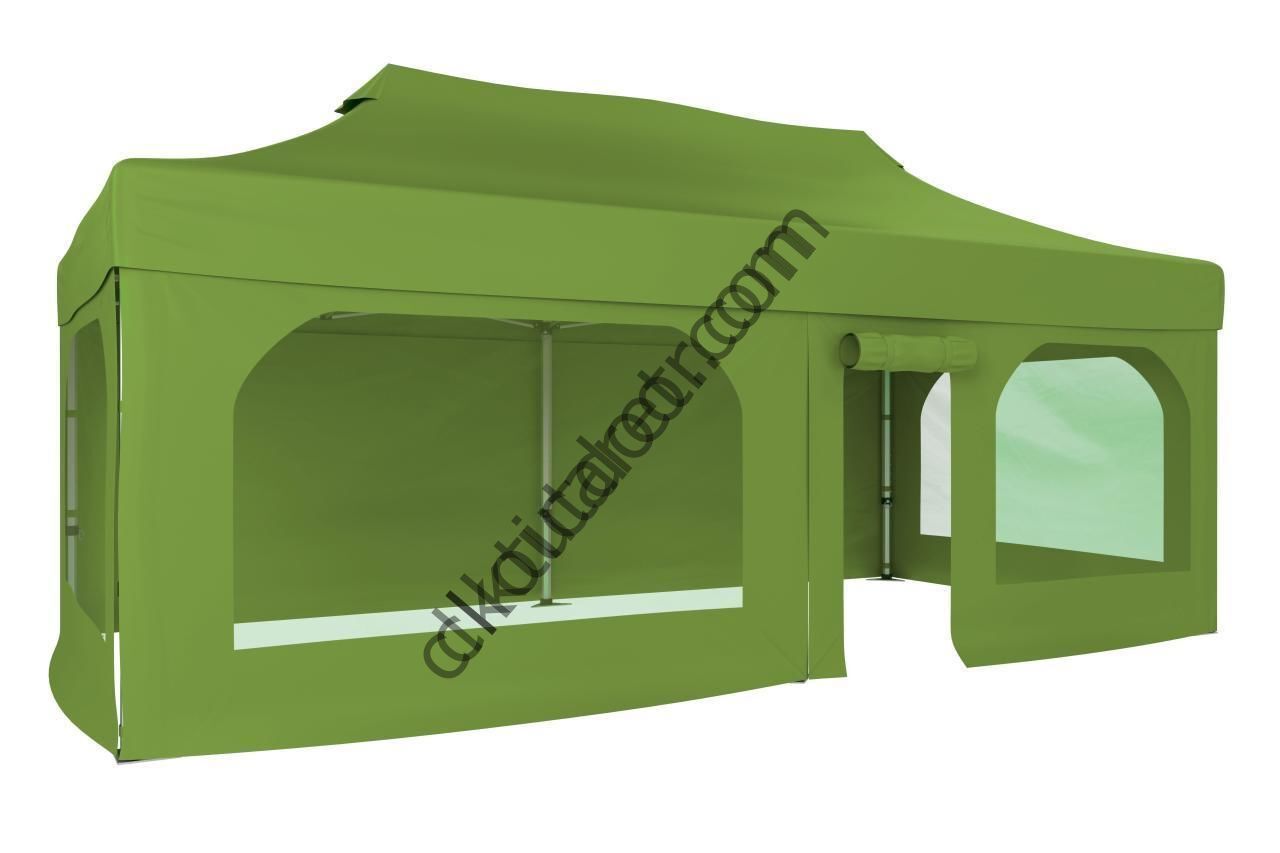 CLK 2x4 40mm Alüminyum Katlanabilir Tente Gazebo Çadır  2 Yan Pencereli 1 Yan Aksesuarsız 1 Yan Kapı ve Pencereli Haki Askeri Yeşil