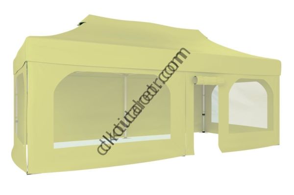 CLK 2x4 40mm Alüminyum Katlanabilir Tente Gazebo Çadır  2 Yan Pencereli 1 Yan Aksesuarsız 1 Yan Kapı ve Pencereli Krem