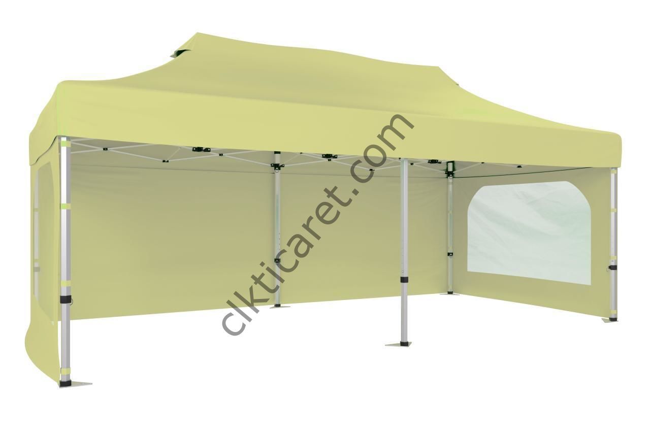 CLK 4x8 52mm Kalın Alüminyum Katlanabilir Tente Gazebo Çadır 3 Yan Duvarlı 2 Pencereli Krem