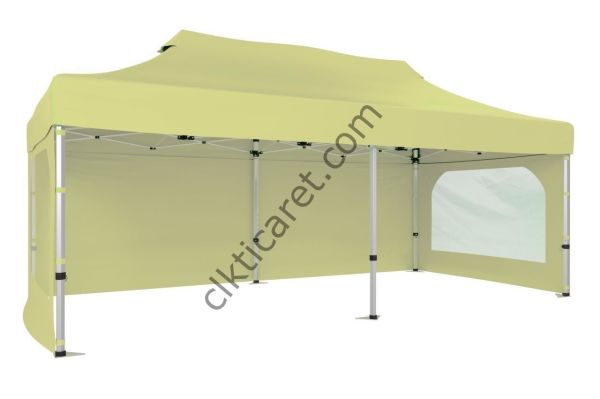 CLK 4x8 52mm Kalın Alüminyum Katlanabilir Tente Gazebo Çadır 3 Yan Duvarlı 2 Pencereli Krem