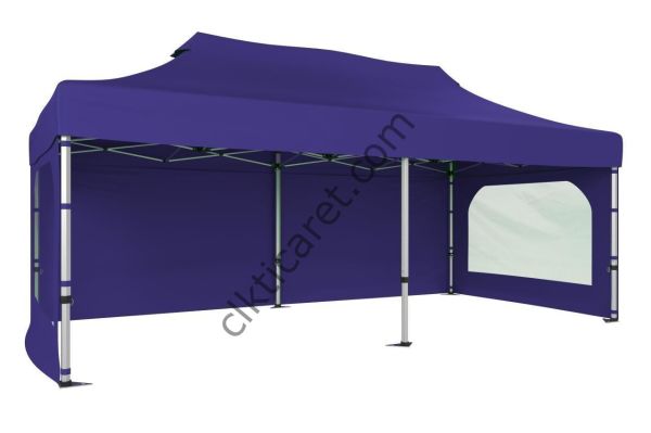 CLK 4x8 52mm Kalın Alüminyum Katlanabilir Tente Gazebo Çadır 3 Yan Duvarlı 2 Pencereli Lacivert