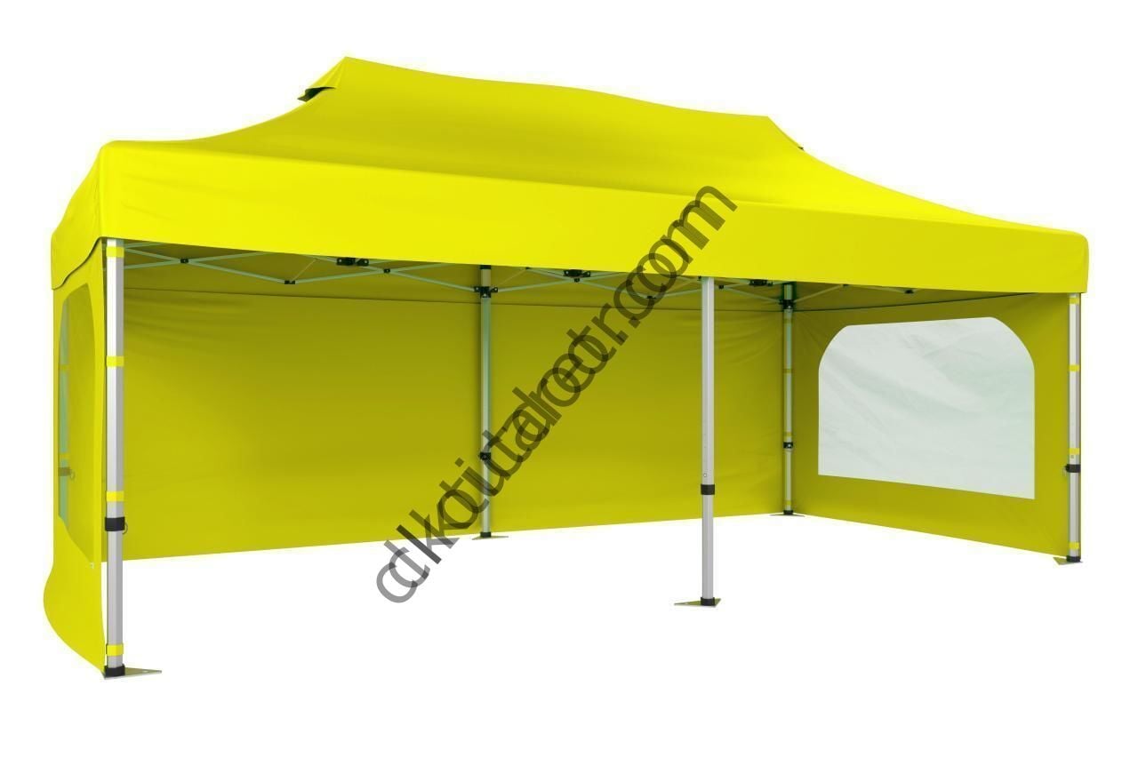 CLK 2x4 40 mm Alüminyum Katlanabilir Gazebo Tente Çadır 3 Yan Duvarlı 2 Pencereli Sarı