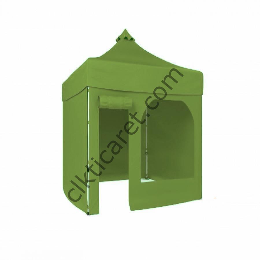 CLK 2x2 40mm Alüminyum Katlanabilir Tente Gazebo Çadır 3 Yan Kapalı 1 Yan Kapı ve Pencereli Haki Askeri Yeşil
