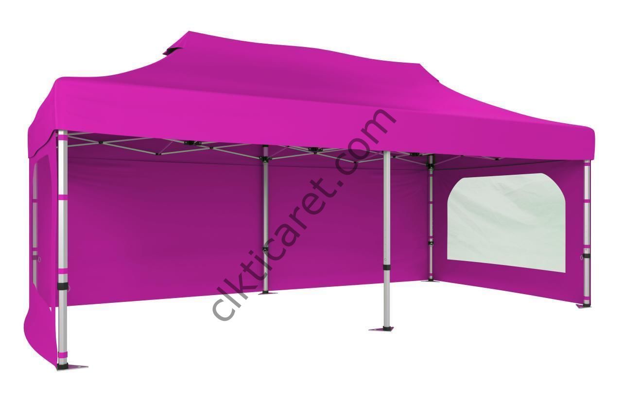 CLK 4x8 52mm Kalın Alüminyum Katlanabilir Tente Gazebo Çadır 3 Yan Duvarlı 2 Pencereli Pembe