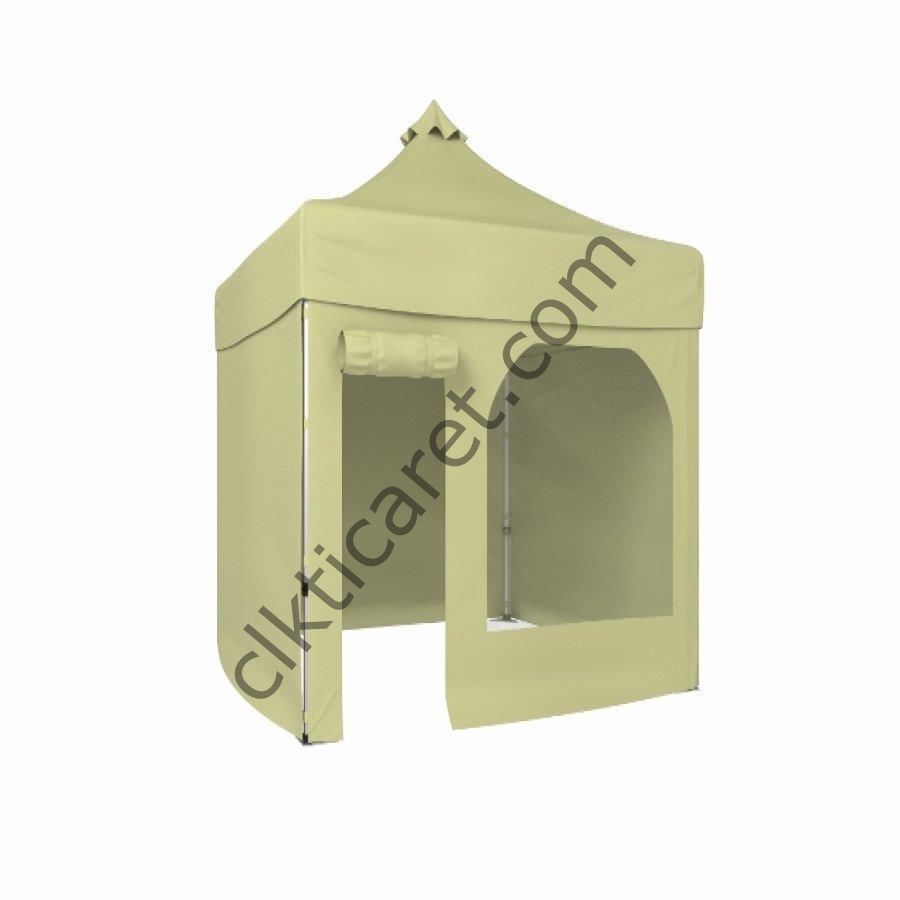 CLK 2x2 40mm Alüminyum Katlanabilir Tente Gazebo Çadır 3 Yan Kapalı 1 Yan Kapı ve Pencereli Krem