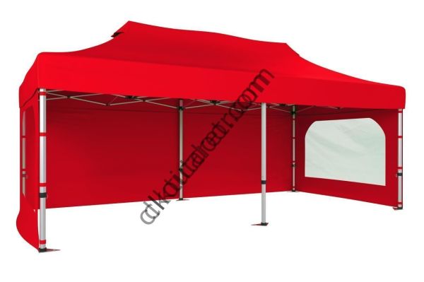 CLK 2x4 40 mm Alüminyum Katlanabilir Gazebo Tente Çadır 3 Yan Duvarlı 2 Pencereli Kırmızı