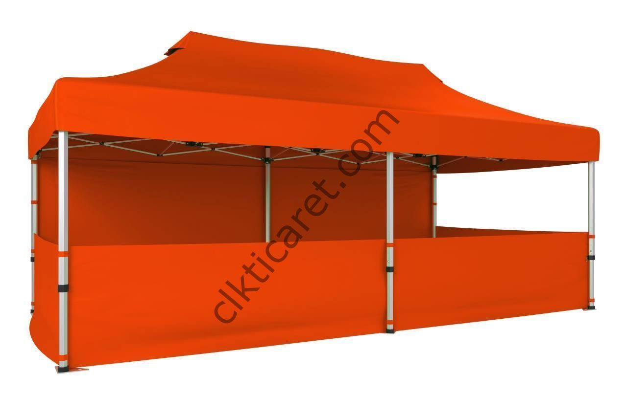 CLK 3x6 40mm Alüminyum Katlanabilir Tente Gazebo Çadır 1 Tam Duvar 3 Yarım Duvar Turuncu