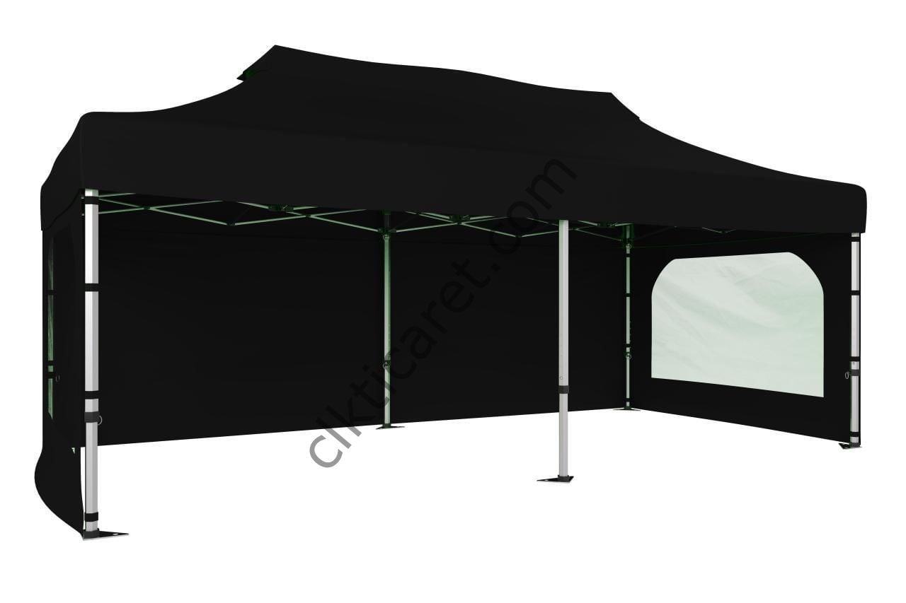 CLK 4x8 52mm Kalın Alüminyum Katlanabilir Tente Gazebo Çadır 3 Yan Duvarlı 2 Pencereli Siyah