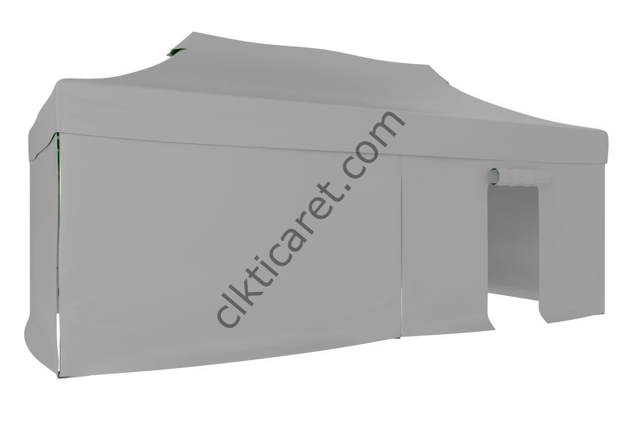 CLK 4x8 52mm Kalın Alüminyum Katlanabilir Tente Gazebo Çadır 3 Kenar Kapalı 1 Kapılı Açık Gri