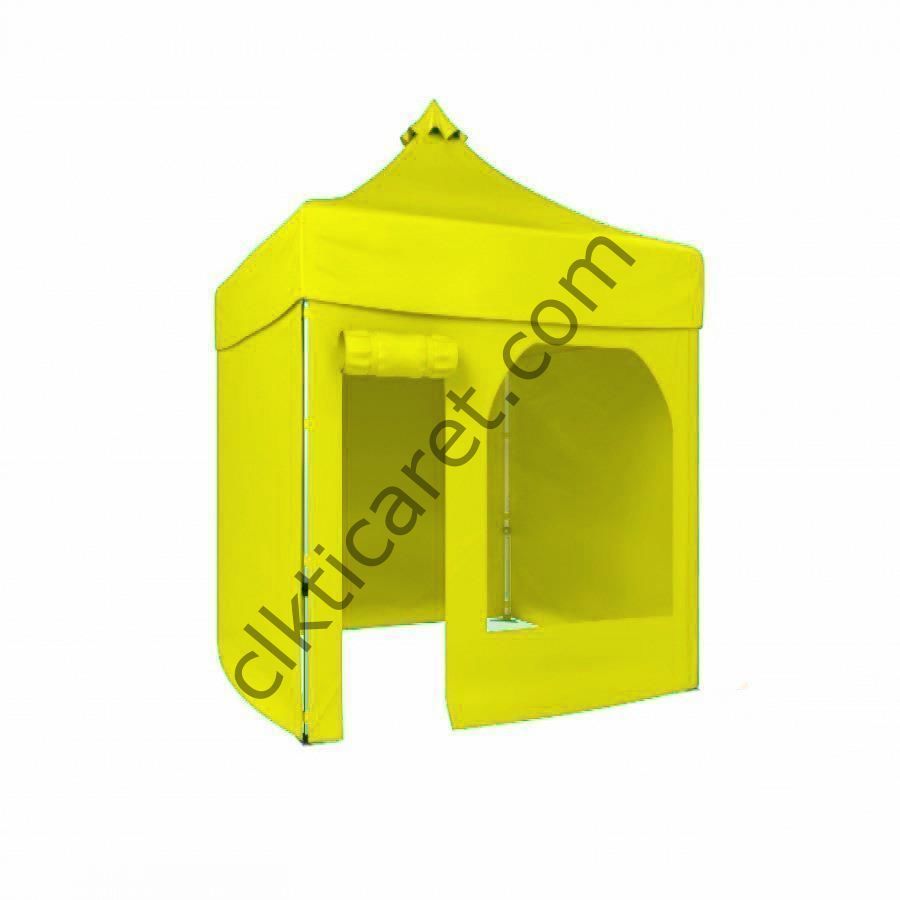 CLK 2x2 40mm Alüminyum Katlanabilir Tente Gazebo Çadır 3 Yan Kapalı 1 Yan Kapı ve Pencereli Sarı