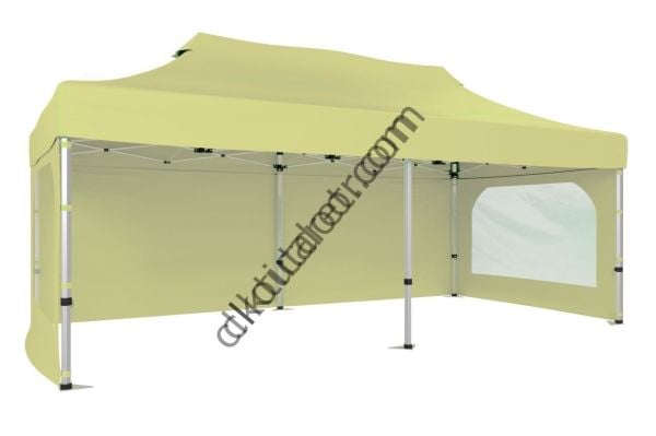 CLK 2x4 40 mm Alüminyum Katlanabilir Gazebo Tente Çadır 3 Yan Duvarlı 2 Pencereli Krem