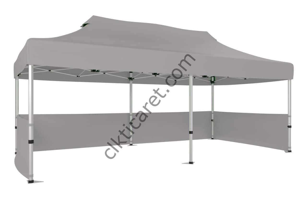 CLK 3x6 40mm Alüminyum Katlanabilir Tente Gazebo Çadır 3 Kenar Yarım Duvarlı Açık Gri