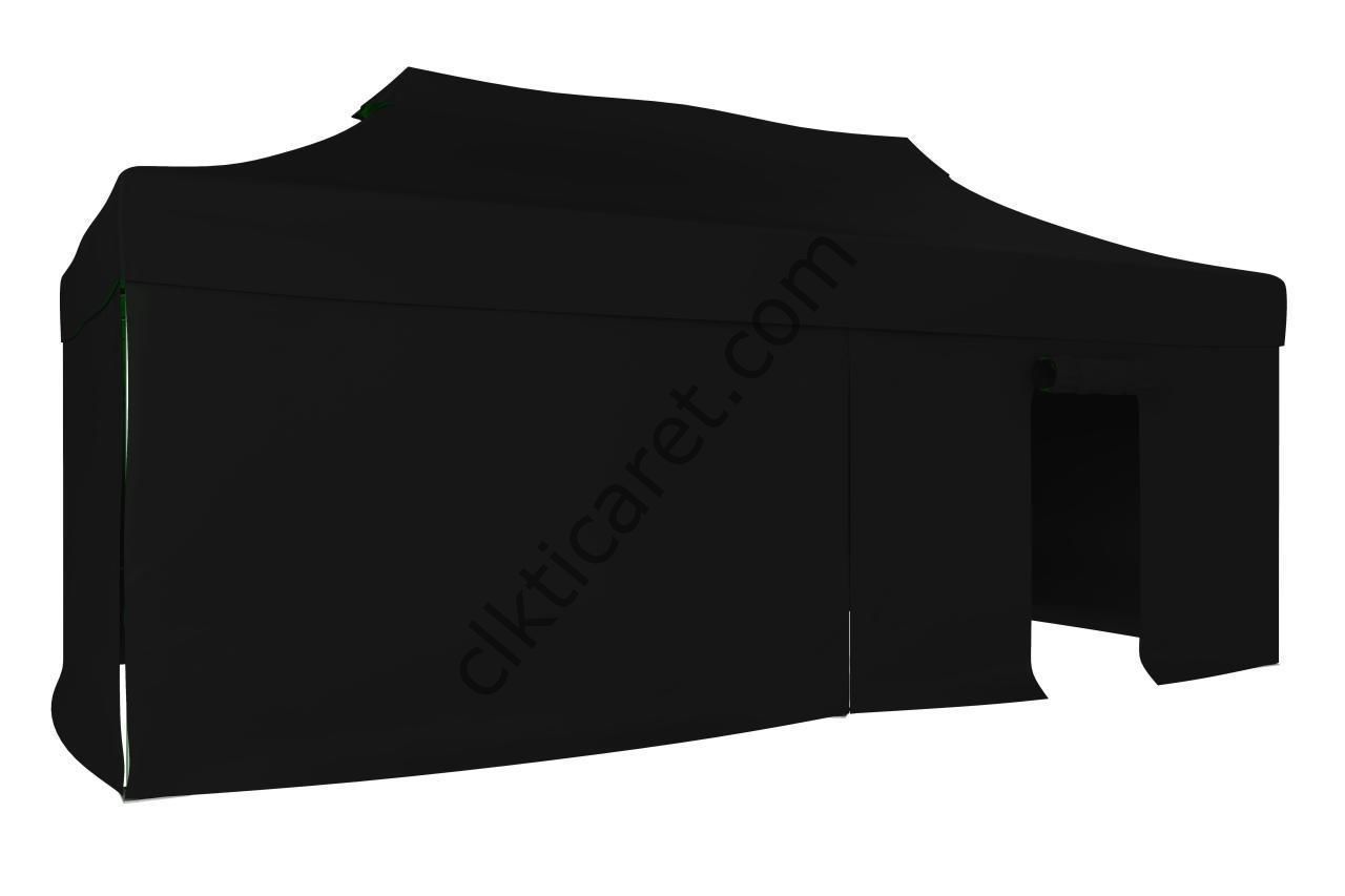 CLK 4x8 52mm Kalın Alüminyum Katlanabilir Tente Gazebo Çadır 3 Kenar Kapalı 1 Kapılı Siyah