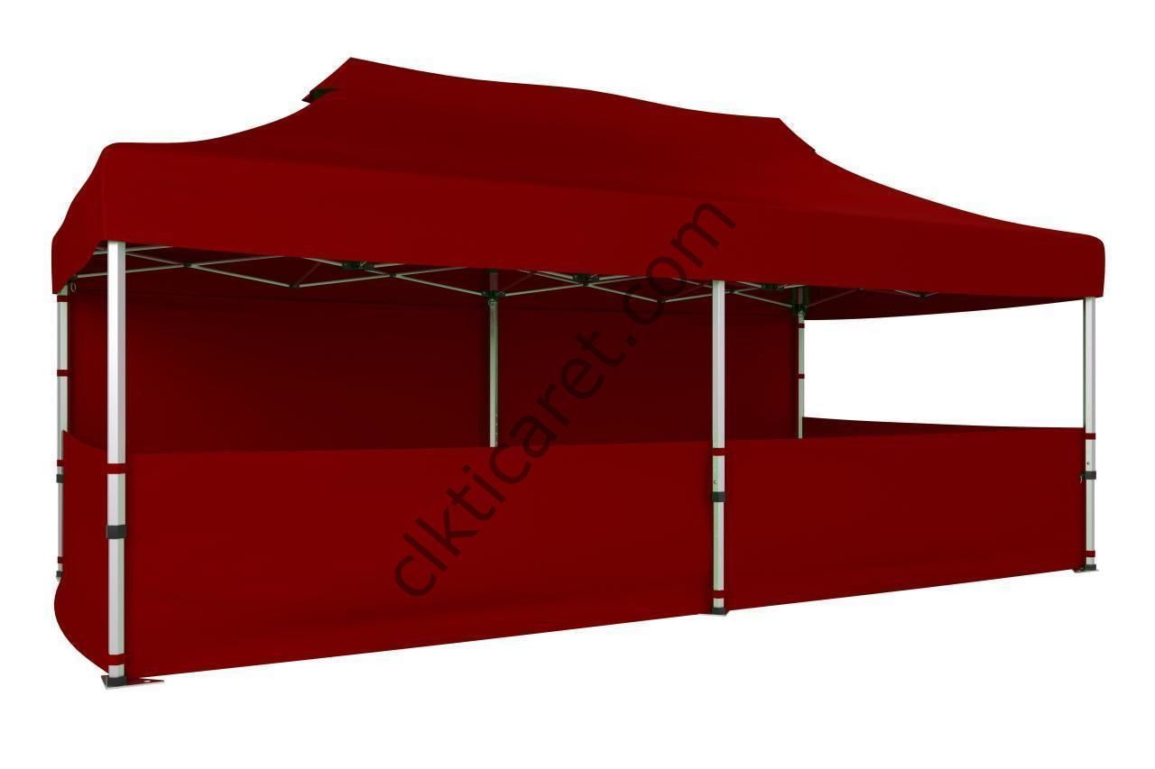 CLK 4x8 52mm Kalın Alüminyum Katlanabilir Tente Gazebo Çadır 1 Tam Duvar 3 Yarım Duvar Bordo