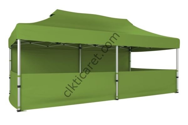 CLK 4x8 52mm Kalın Alüminyum Katlanabilir Tente Gazebo Çadır 1 Tam Duvar 3 Yarım Duvar Haki Askeri Yeşil