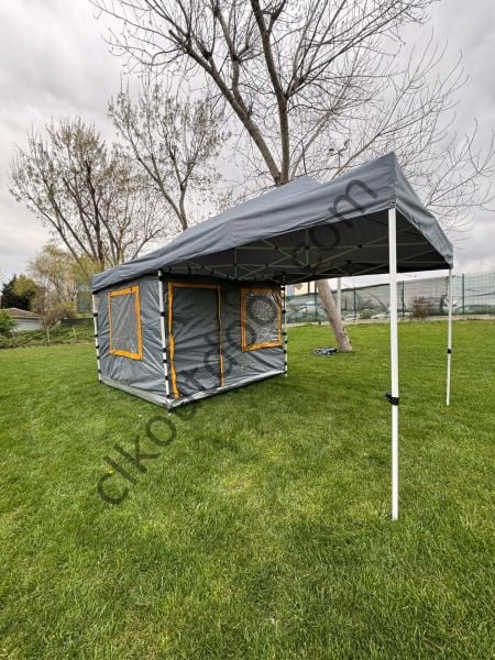 CLK 3x6 30 mm Yeni Sistem 4 Pencere 2 Kapılı Verendalı Portatif Katlanabilir Gazebo Kamp Çadırı Açık Gri