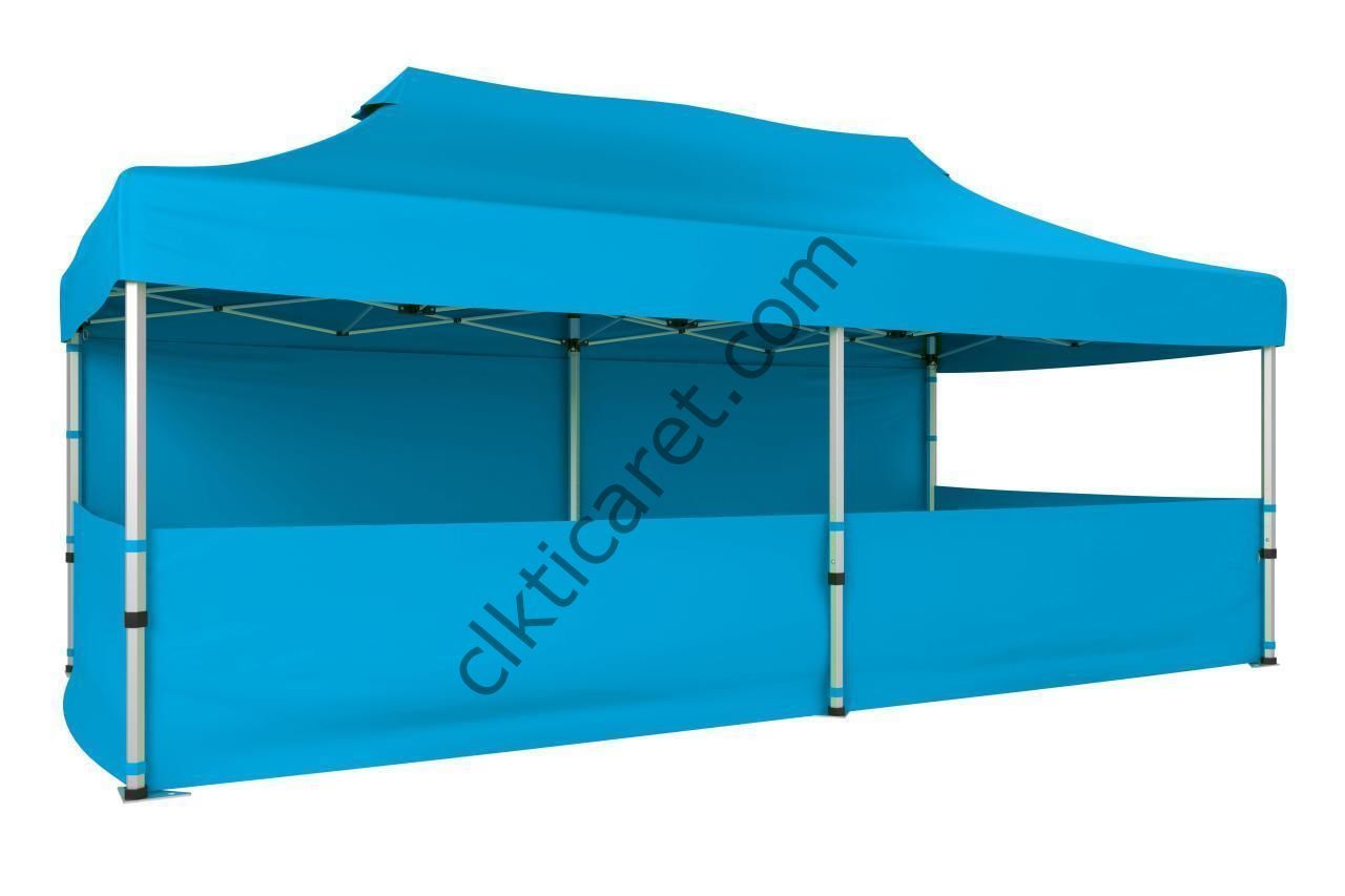 CLK 4x8 52mm Kalın Alüminyum Katlanabilir Tente Gazebo Çadır 1 Tam Duvar 3 Yarım Duvar Açık Mavi (Turkuaz)