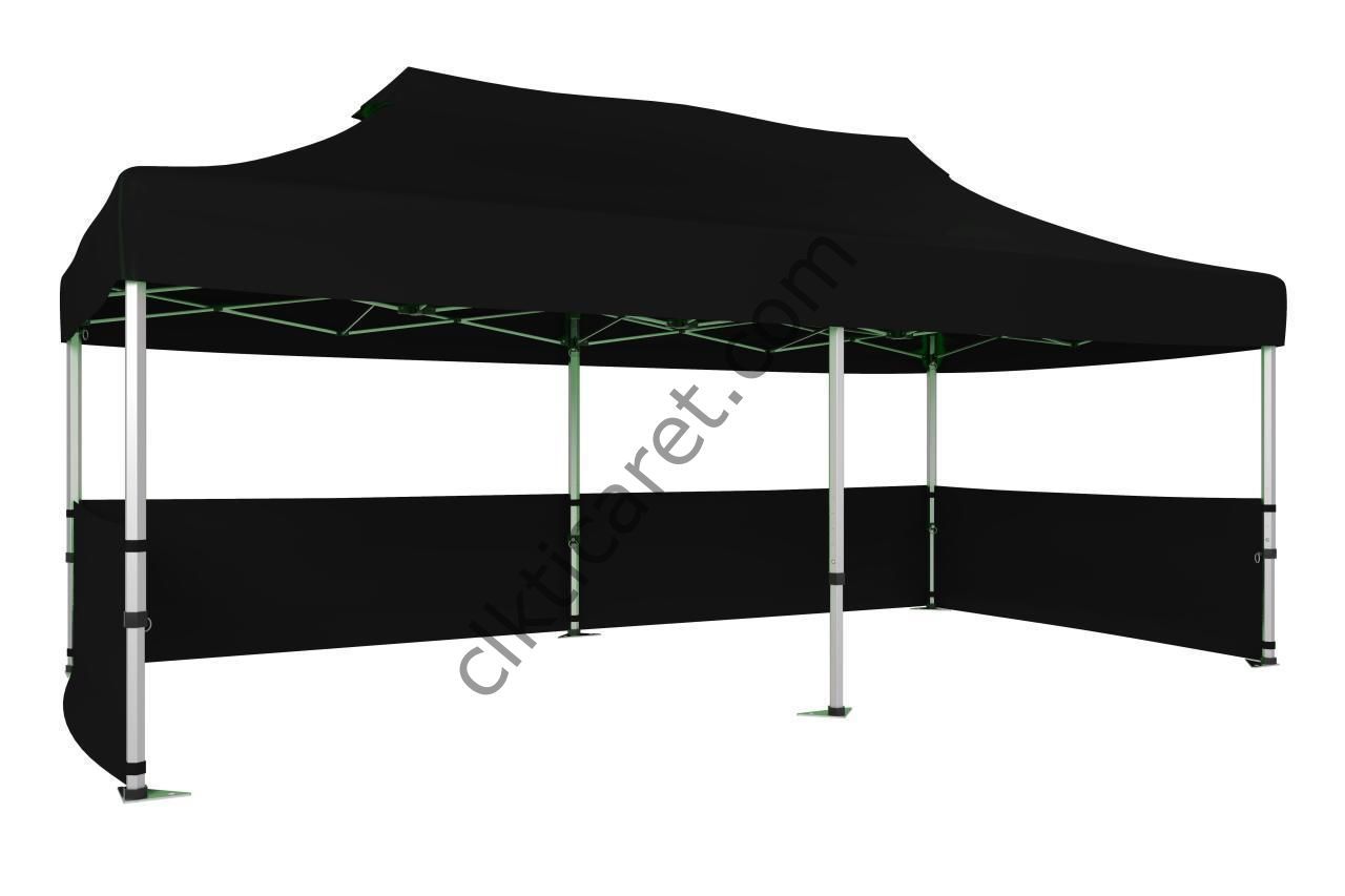 CLK 3x6 40mm Alüminyum Katlanabilir Tente Gazebo Çadır 3 Kenar Yarım Duvarlı Siyah