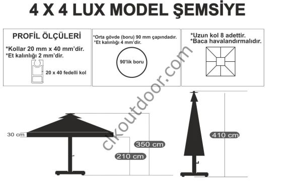 CLK 4x4 Metre Saçaklı LUX Model Krank Sistem Teleskopik Şemsiye Q90 Profil Açık Gri - Flanş