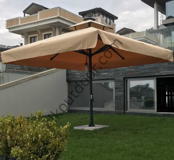 CLK 4x4 Metre Saçaklı LUX Model Krank Sistem Teleskopik Şemsiye Q90 Profil Bej - Flanş