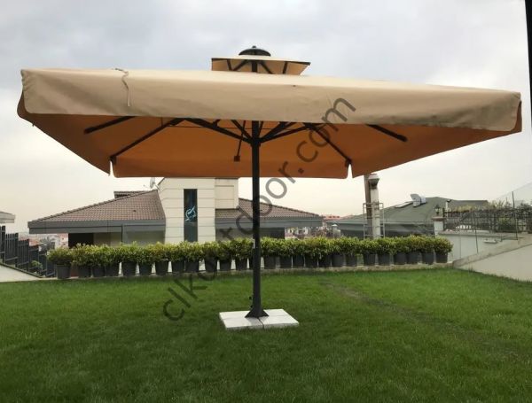 CLK 4x4 Metre Saçaklı LUX Model Krank Sistem Teleskopik Şemsiye Q90 Profil Bej - Flanş