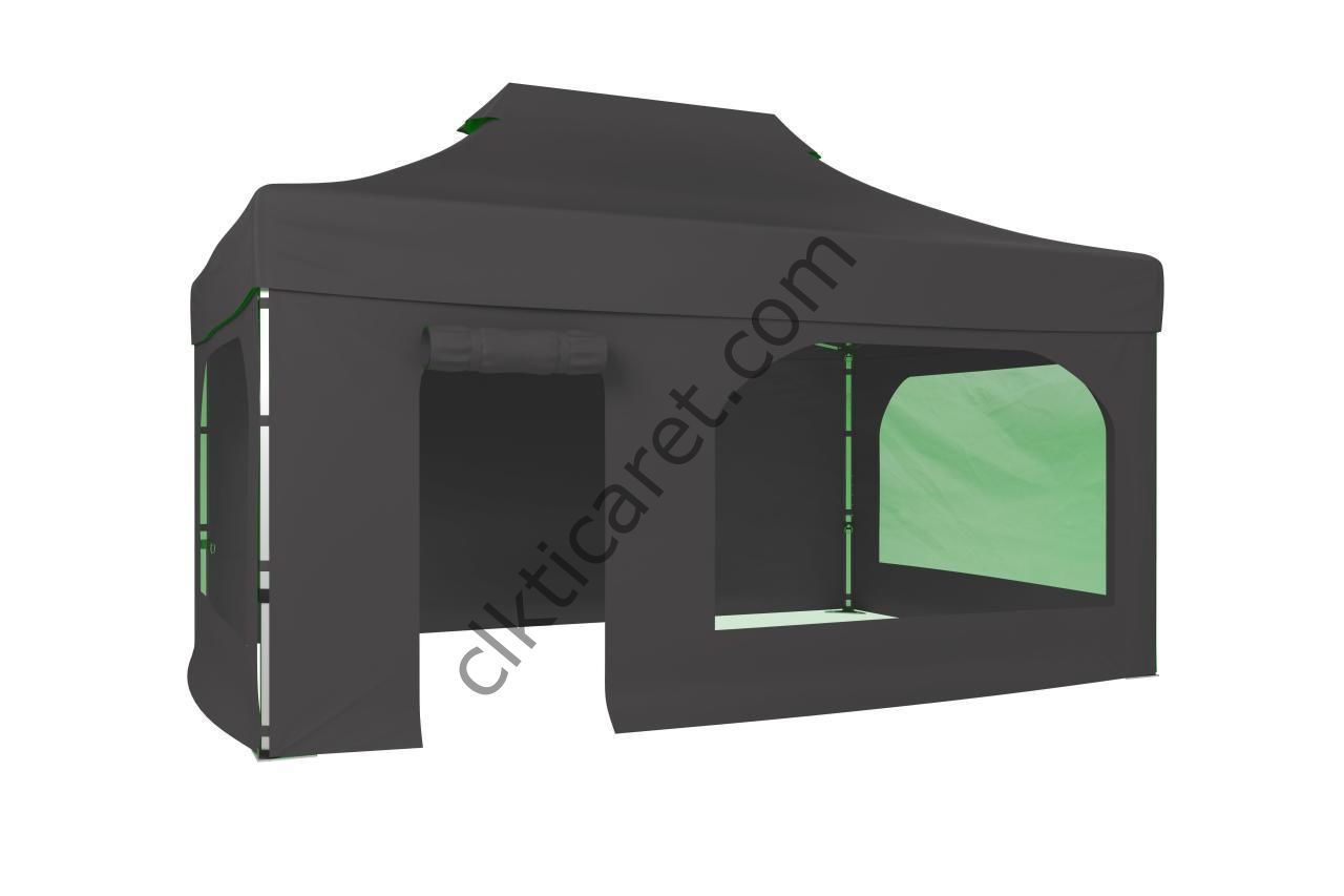 CLK 3x4,5 Katlanabilir Tente Gazebo Portatif Çadır 30 mm 2 Yan Pencereli 1 Yan Aksesuarsız 1 Yan Kapı ve Pencereli Gri