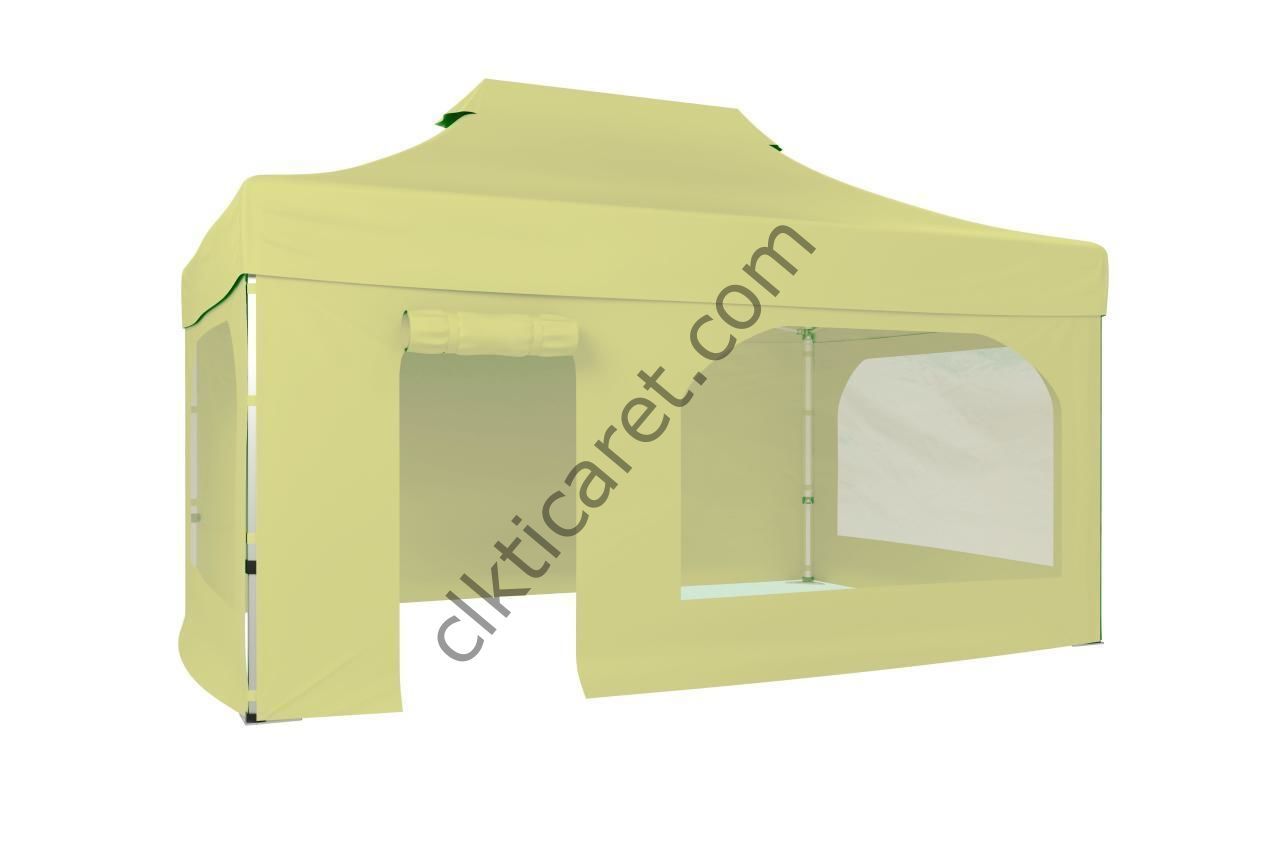 CLK 3x4,5 Katlanabilir Tente Gazebo Portatif Çadır 30 mm 2 Yan Pencereli 1 Yan Aksesuarsız 1 Yan Kapı ve Pencereli Krem