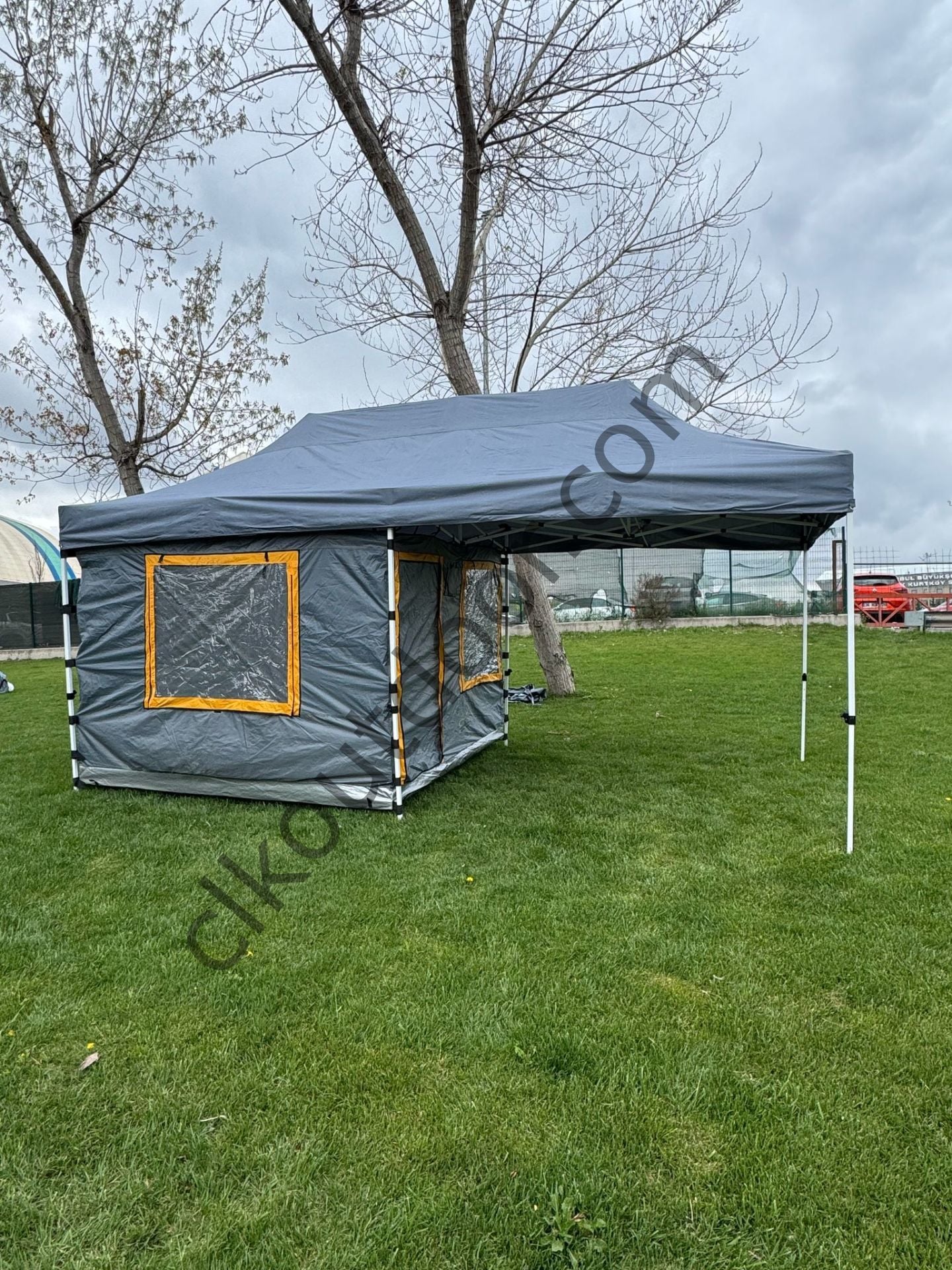 CLK 3x6 Yeni Sistem 4 Pencere 2 Kapılı Verendalı 40 mm Profil Katlanır Portatif Gazebo Kamp Çadır Gri Siyah