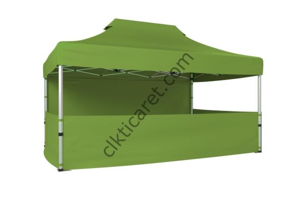 CLK 3x4,5 Katlanabilir Tente Gazebo Portatif Çadır 30 mm 1 Tam Duvar 3 Yarım Duvar Açık Yeşil