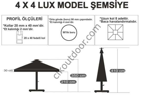 CLK 4x4 Metre Saçaklı LUX Model Krank Sistem Teleskopik Şemsiye Q90 Profil