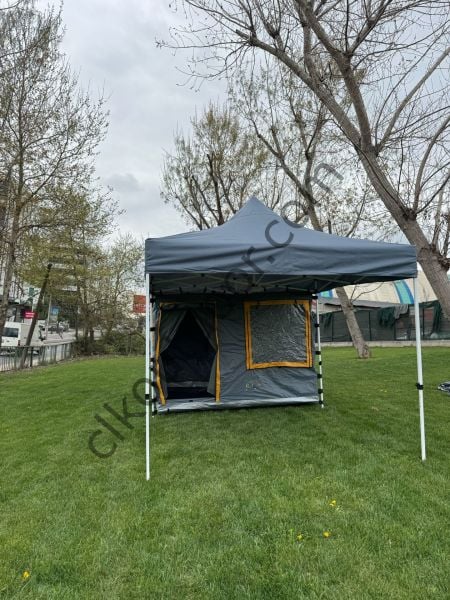 CLK 3x6 Yeni Sistem 4 Pencere 2 Kapılı Verendalı 40 mm Profil Katlanır Portatif Gazebo Kamp Çadır Gri Krem