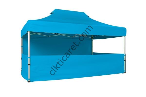 CLK 3x4,5 Katlanabilir Tente Gazebo Portatif Çadır 30 mm 1 Tam Duvar 3 Yarım Duvar Açık Mavi (Turkuaz)