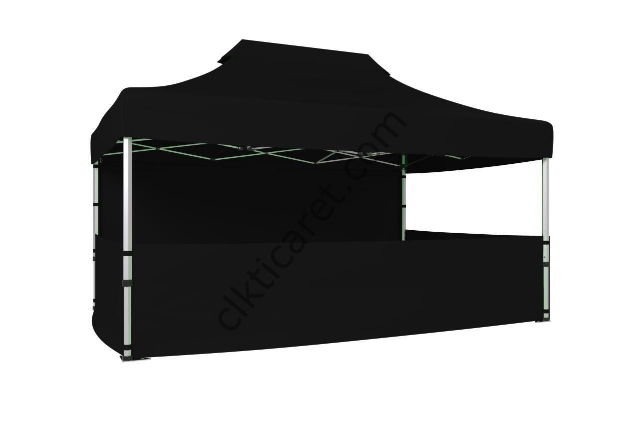 CLK 3x4,5 Katlanabilir Tente Gazebo Portatif Çadır 30 mm 1 Tam Duvar 3 Yarım Duvar Siyah