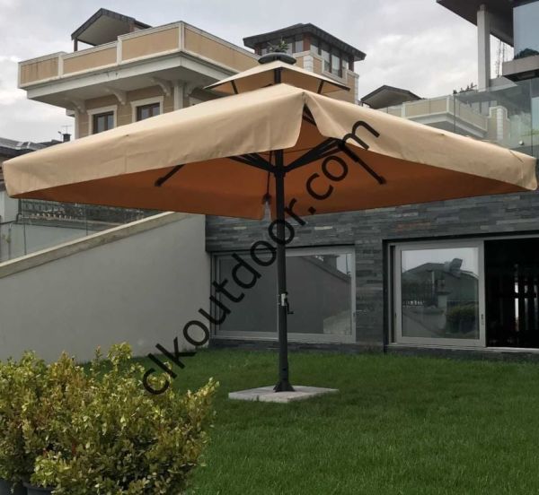 CLK 5x5 Metre Saçaklı LUX Model Krank Sistem Teleskopik Şemsiye Q90 Profil Mor - Metal Hareketli Ayak 4 Mermerli (100x100cm 230 kg)
