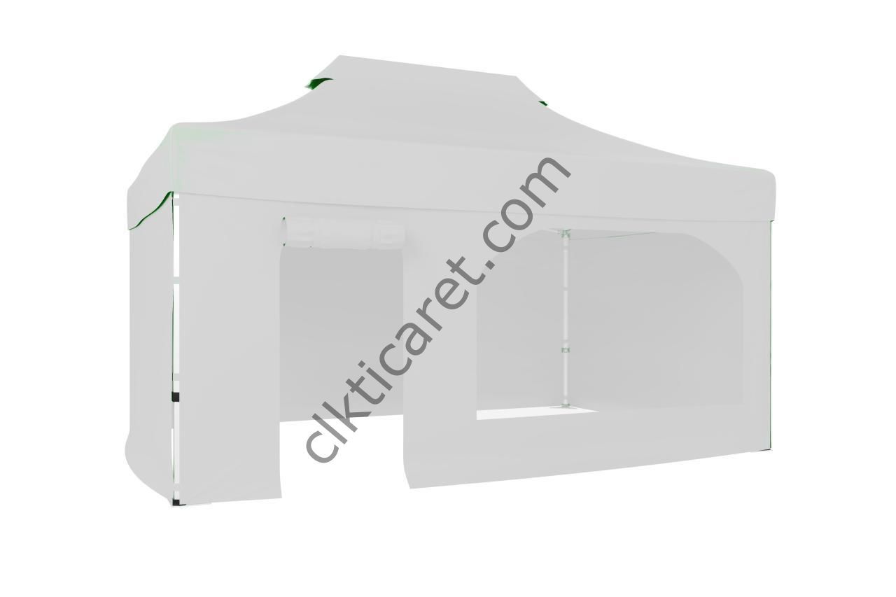 CLK 3x4,5 Katlanabilir Tente Gazebo Portatif Çadır 30 mm 3 Yan Kapalı 1 Yan Kapı ve Pencereli Beyaz